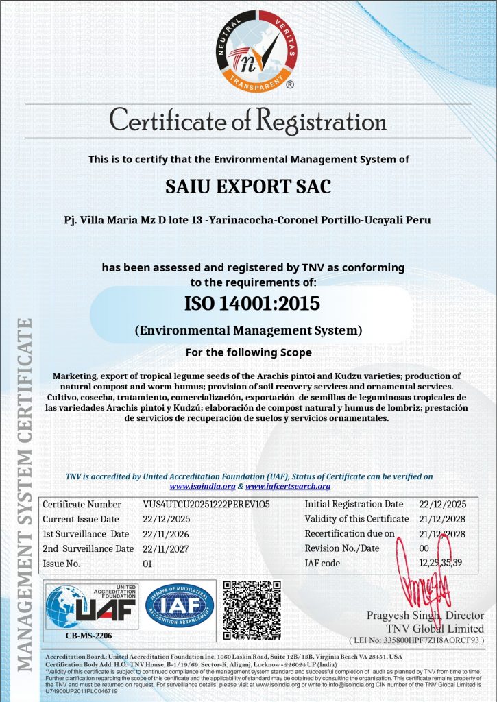 Certificado ISO 14001 de SAIU Export S.A.C.